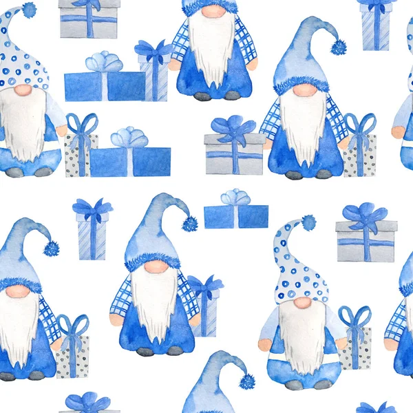 Watercolor hand drawn seamless pattern nordic scandinavian gnomes for christmas decor gifts presents. New year illustration in blue grey cartoon style. Funny winter character north swedish elf in hat — Stock Photo, Image