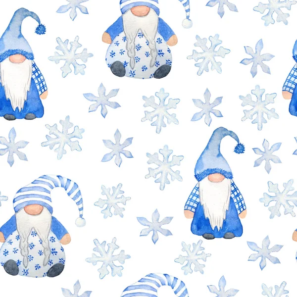 Acquerello modello senza soluzione di continuità con Natale scandinavo gnomi nordici e snwflakes neve. Disegno neutro grigio blu per carte tessili di carta da imballaggio di nuovo anno. Festeggiamenti invernali illustrazione cartone animato. — Foto Stock