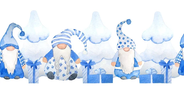 Suluboya el, İskandinav Noel cücesinin kusursuz yatay desenini çizdi. Yeni yıl davetiyeleri için nötr mavi gri renkte tasarım. Noel ağacı hediye karikatürü sunar..