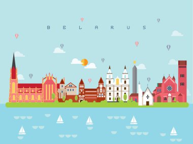 Kullanılması için Poster seyahat kitap, kartpostal, Billboard, Beyaz Rusya ünlü yerlerinden Infographic kalıp için en az tarzı seyahat ve simge, simge vektör çizim kurabilirsiniz