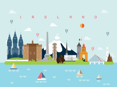 Kullanılması için Poster seyahat kitap, kartpostal, Billboard, İrlanda ünlü yerlerinden Infographic kalıp için en az tarzı seyahat ve simge, simge vektör çizim kurabilirsiniz