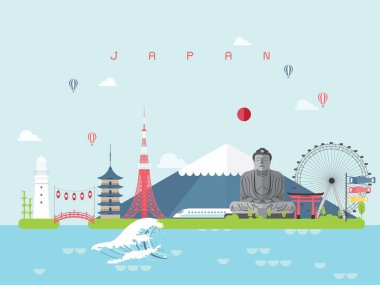 Kullanılması için Poster seyahat kitap, kartpostal, Billboard, Japonya ünlü yerlerinden Infographic kalıp için en az tarzı seyahat ve simge, simge vektör çizim kurabilirsiniz