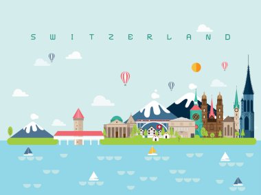Kullanılması için Poster seyahat kitap, kartpostal, Billboard, İsviçre ünlü yerlerinden Infographic kalıp için en az tarzı seyahat ve simge, simge vektör çizim kurabilirsiniz