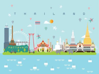 Kullanılması için Poster seyahat kitap, kartpostal, Billboard, Tayland ünlü yerlerinden Infographic kalıp için en az tarzı seyahat ve simge, simge vektör çizim kurabilirsiniz