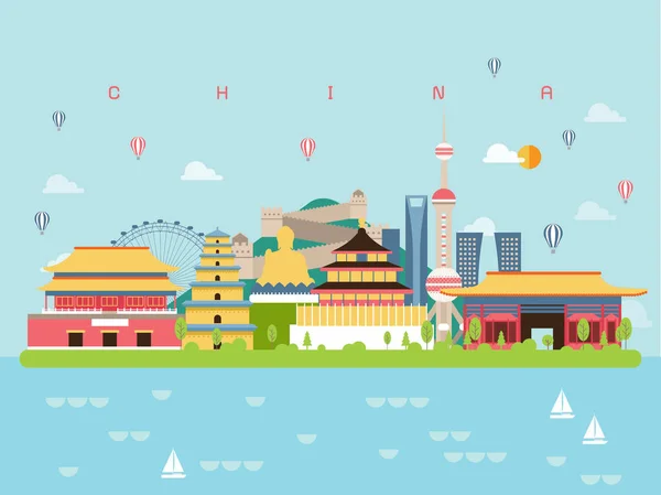 China Famous Landmarks Infographic Templates Traveling Minimal Style Icon Symbol — стоковый вектор