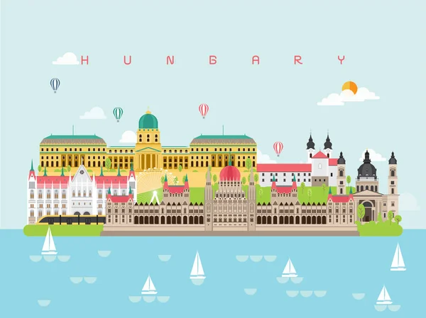 匈牙利著名地标图表模板为旅行极小的样式和图标 标志集合向量例证可以使用为海报旅行书 明信片 广告牌 — 图库矢量图片
