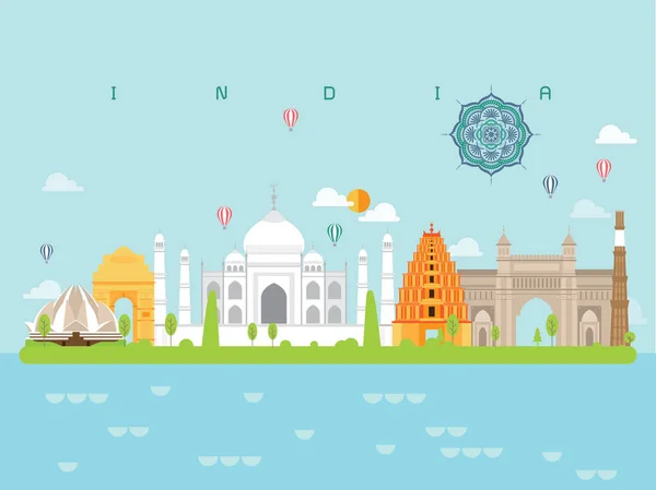 Índia Famous Landmarks Infographic Templates Traveling Minimal Style Icon Symbol — Vetor de Stock