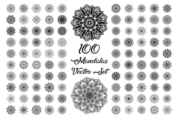 100 Mandalas Set for coloring  book. Decorative round ornaments. Unusual flower shape. Oriental vector, Anti-stress therapy patterns. Weave design elements. Yoga logos Vector.