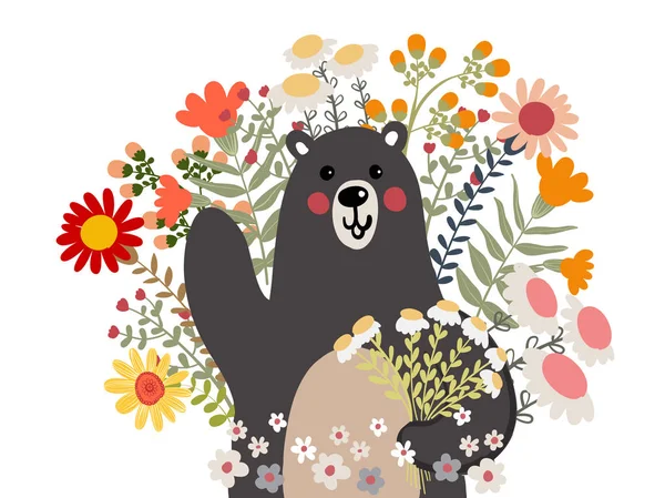 Teddy Bear Virág Doodle Illusztráció Vektor Rajzfilm Polar Bear Használható — Stock Vector