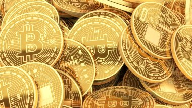 Kavram arka plan Madencilik Altın bitcoins cryptocurrency. Altın sikke 3d arka sahne.