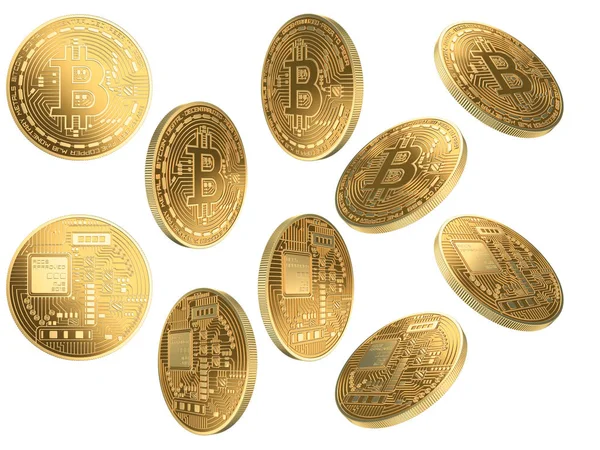 Monedas Oro Bitcoins Diferentes Ángulos Aislados Imágenes de stock libres de derechos