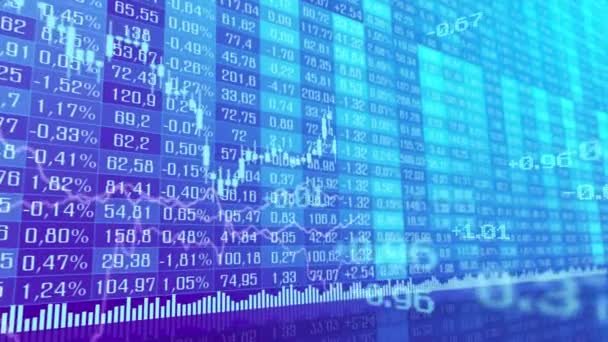 表と棒グラフの証券取引所市場のインデックス アニメーション 抽象的な通貨レート グラフ アニメーション紫色の背景 — ストック動画