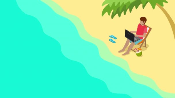 自由工作场所热带海滩乐园动画概念 海滨休闲椅上的年轻休闲男子笔记本电脑动画工作 — 图库视频影像