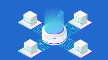 Alfa izometrik Bitcoin madenciler bilgisayarlar video. Sanayi Cryptocurrency animasyonlu kavramı döngü sorunsuz madencilik.