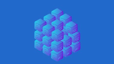 Blockchain teknoloji izometrik düz sorunsuz döngü animasyonlu kavramı. Hi tech blok zinciri veri yapısı görselleştirme video alpha ile taşıma.