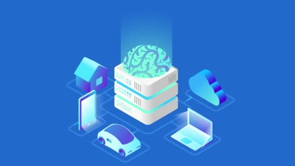 人工智能数字大脑未来技术平面等距无缝循环动画概念 笔记本电脑电动车智能手机大脑房子 的对象 — 图库视频影像