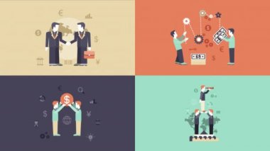 İş görme, ödeme, finansman, düz animasyon ortaklık kavramları kalabalık. Geleceğe bakıyor, ödeme işleme, finansman, el sıkışma animasyon simgeleri iş adamları.