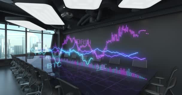 Animierte Diagramme Finanzstatistiken Auf Dem Tisch Bürointerieur Kryptowährung Bitcoin Exchange — Stockvideo