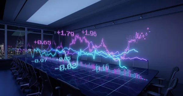 Neon Charts Diagramas Estadísticas Financieras Informe Creciendo Mesa Oficina Nocturna — Foto de Stock