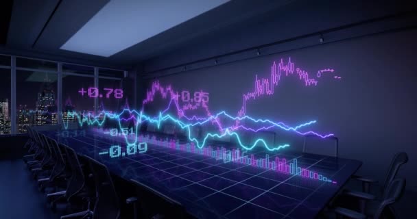 金融統計のアニメーションネオンチャート図は 夜間オフィスインテリアのテーブルに成長を報告します 交換取引ギャンブルコンセプト4Kビデオ3Dレンダリング 10秒イントロと10秒ループ — ストック動画