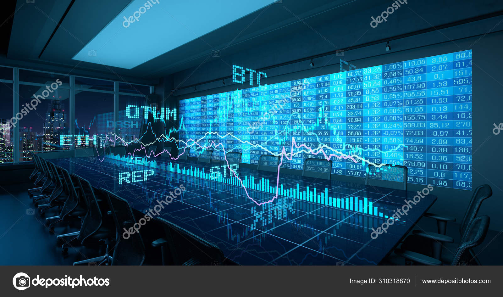 Holographic Charts Financial Statistics Table Office Interior  Cryptocurrency Bitcoin Exchange — Stock Photo © viagraphix #310318870
