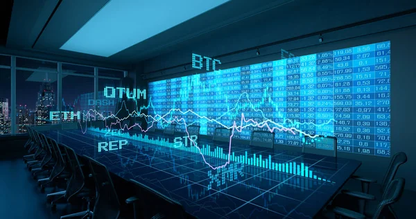 Holografiska Diagram Finansiell Statistik Tabell Office Interiör Cryptocurrency Bitcoin Exchange — Stockfoto