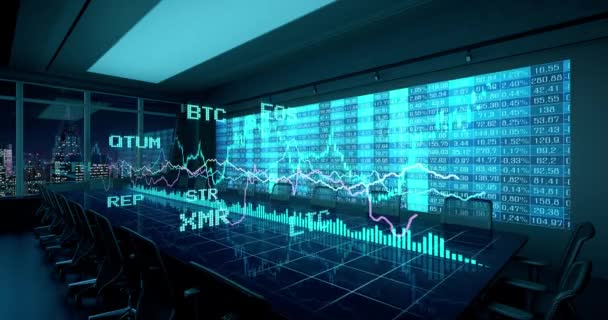 Animált Holografikus Diagramok Pénzügyi Statisztika Asztalon Éjszakai Iroda Belsejében Cryptocurrency — Stock videók