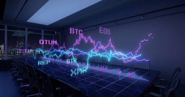 Criptomoneda Bitcoin Exchange Trading Concepto Juego Gráficos Estadísticas Financieras Sobre Imagen de stock