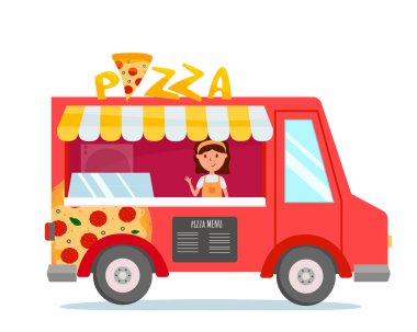Pizzalı parlak yemek kamyonu. Aşçı kız içeride. Pizza menüsü ve üstüne imza. Kırmızı araba teslimatı. Yemek festivali. Vektör izole edildi.