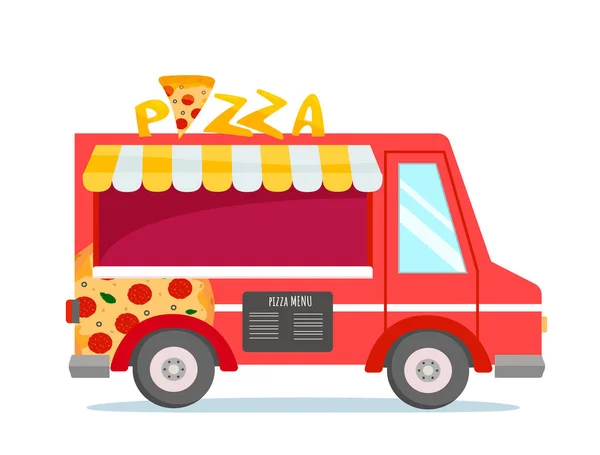 Heller Foodtruck Mit Pizza Pizza Menü Und Schild Oben Drauf — Stockvektor