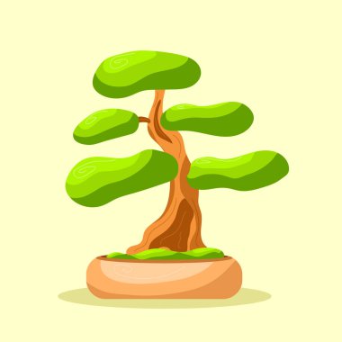 Tencerede parlak, izole bonsai ağacı. Küçük ağaç. Vektör izole edildi. Düz biçim