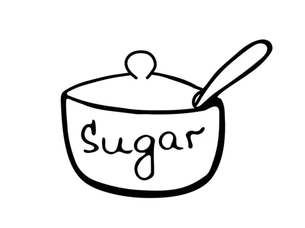 Cukor Tál Kanállal Aláírás Cukor Kézzel Rajzolt Vázlat Elem Fehér — Stock Fotó