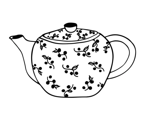 茶壶像有浆果图案的瓷壶 手绘纲要要素 在白色背景上孤立的病媒 — 图库矢量图片