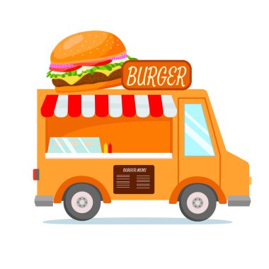 Hamburgerli parlak yemek kamyonu. Kamyonetin üstünde büyük bir hamburger. Hamburger menüsü ve üstüne imza. Turuncu araba teslimatı. Yemek festivali. Vektör izole edildi. EPS 10