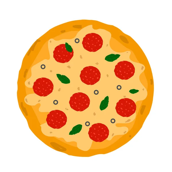 Pizza Salámem Bazalkou Olivami Mozzarellou Sýrem Vektorově Izolovaná Ikona Bílém — Stockový vektor