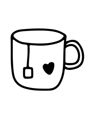 Üzerinde çay poşeti ve siyah kalp olan el yapımı seramik çay fincanı. Taslak tarzı. Vektör elementleri izole edildi. EPS10