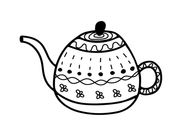 手绘茶壶 装饰精美 轮廓涂鸦风格 简单的对象 病媒隔离Eps — 图库矢量图片