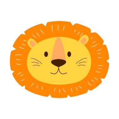 Çizgi film tarzında şirin aslan kafası. Parlak turuncu ve sarı renkler. Çocuklar için tekstil, kartpostallar, erkekler için bebek partisi. Beyaz arka planda izole edilmiş. Vektör EPS10
