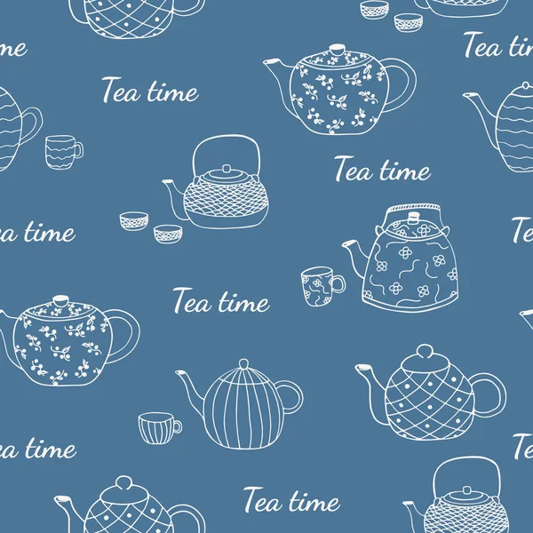 无缝图案与茶壶和杯子 并签署茶的时间 蓝色的 对纺织品很好 厨房用织物也很好 病媒隔离Eps10 — 图库矢量图片