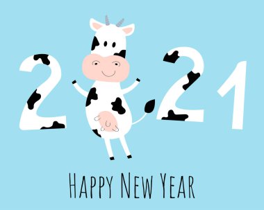 Mutlu yıllar 2021. İnek numaralarının ve mesajlarının olduğu tebrik kartı. Şirin inek karakteri. Vektör