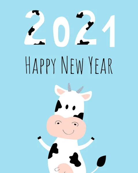 Feliz Año Nuevo 2021 Tarjeta Felicitación Con Personaje Vaca Linda — Vector de stock