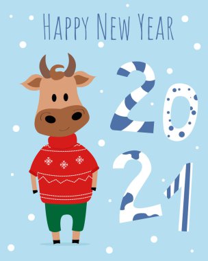 Mutlu yıllar 2021. Öküzlü tebrik kartı. Yılın kazak ve pantolonlu sembolü. Sevimli çizgi film tarzı. İşaret ve numaralarla. Mavi arkaplan EPS10 üzerindeki vektör