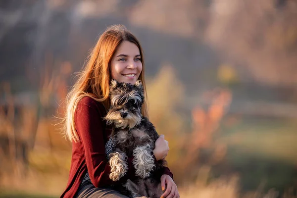 Egy Gyönyörű Vörös Hajú Lány Egy Schnauzer Kutyát Tart Kezében — Stock Fotó