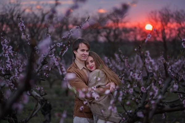 Casal Jovem Amor Abraço Beijo Fundo Jardins Florescendo Durante Pôr — Fotografia de Stock