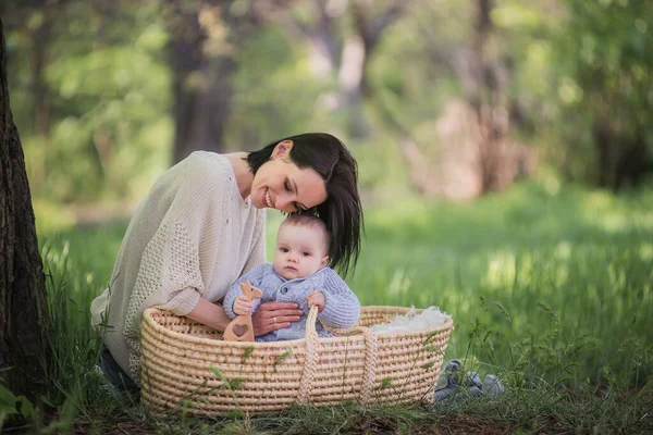 Concept Motherhood Child Care Young Mother Plays Her Little Son — Stock Photo, Image