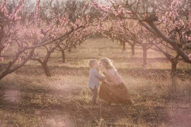 Sarışın, güzel bir anne, kıvırcık saçlı. Gün batımında çiçek açan bahçelerde kucağında küçük bir oğlu var. Çocuk bakımı annelik konsepti. Annesi çocuğu kusuyor, sarılıyor, öpüyor, alnına dokunuyor.