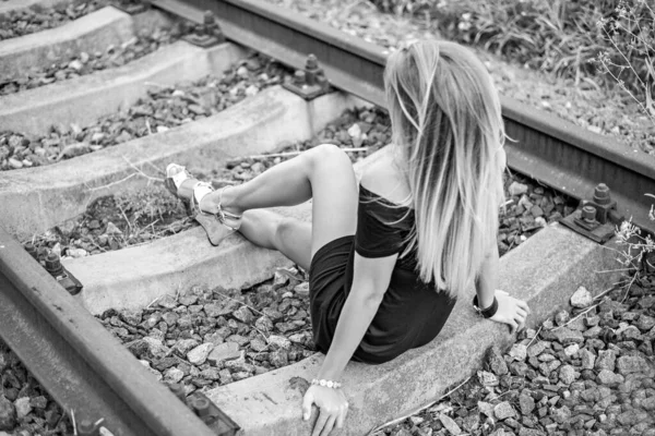 Sad Lonely Girl Long Hair Blonde Black Short Dress Long — Stock Photo, Image