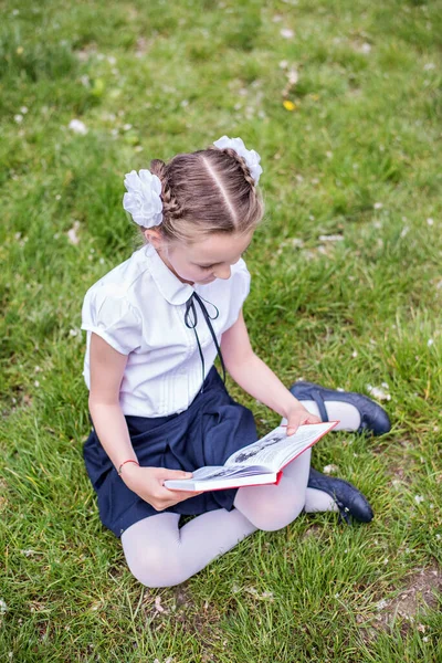 Little blonde schoolgirl in a school uniform with white bows on pigtails sits on a green lawn, reads a textbook. Beginning of the school year and first trimester, education and development, first grad