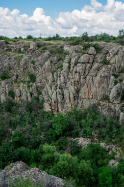 Panorana. Yeşil ağaçların arasında taş gri kanyon, dağın arasında nehir. Ukrayna 'nın Harikaları Dünyası' nın mucizelerinden biri Şeytan Kanyonu 'dur. Ülkeyi arabayla gezmek, tırmanmak, ailemle tırmanmak.