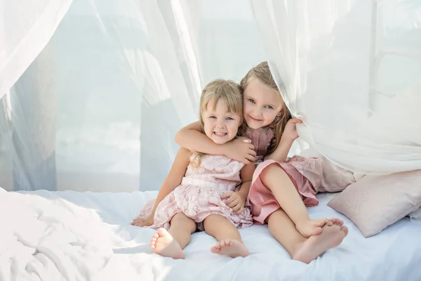 Two best blonde sisters in pink dresses are playing together. The girlfriends are hugging sitting on a white bed with chiffon canopies, decorated with wisteria. Strong friendship since childhood.